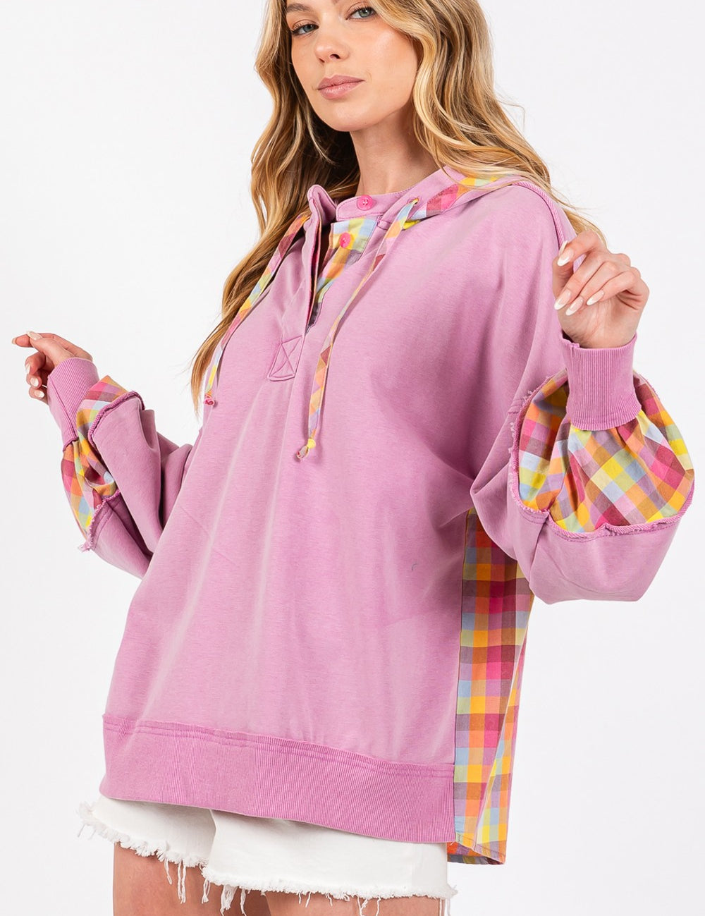 Mineral Washed Plaid Print Hoodie Tops