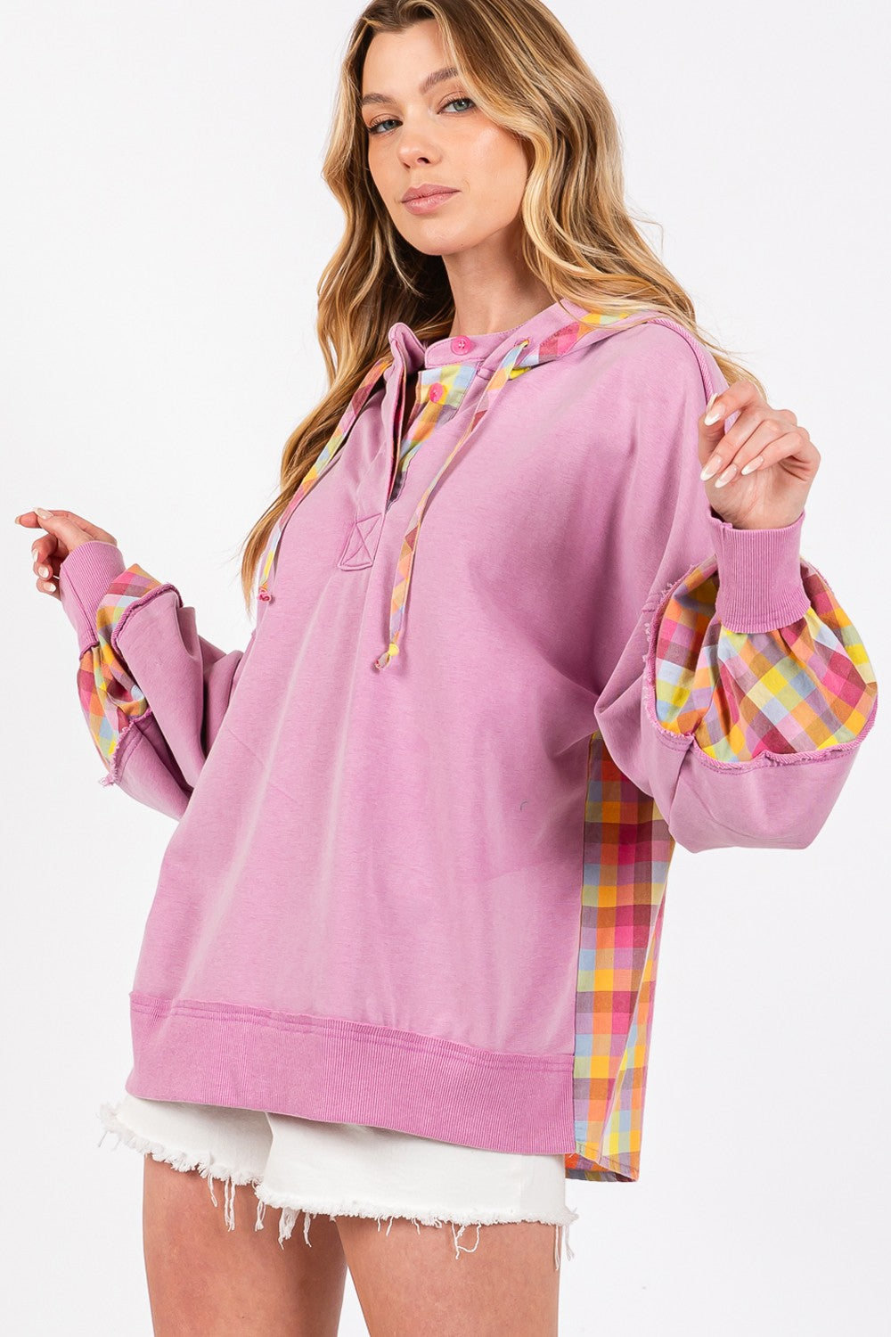 Mineral Washed Plaid Print Hoodie Tops