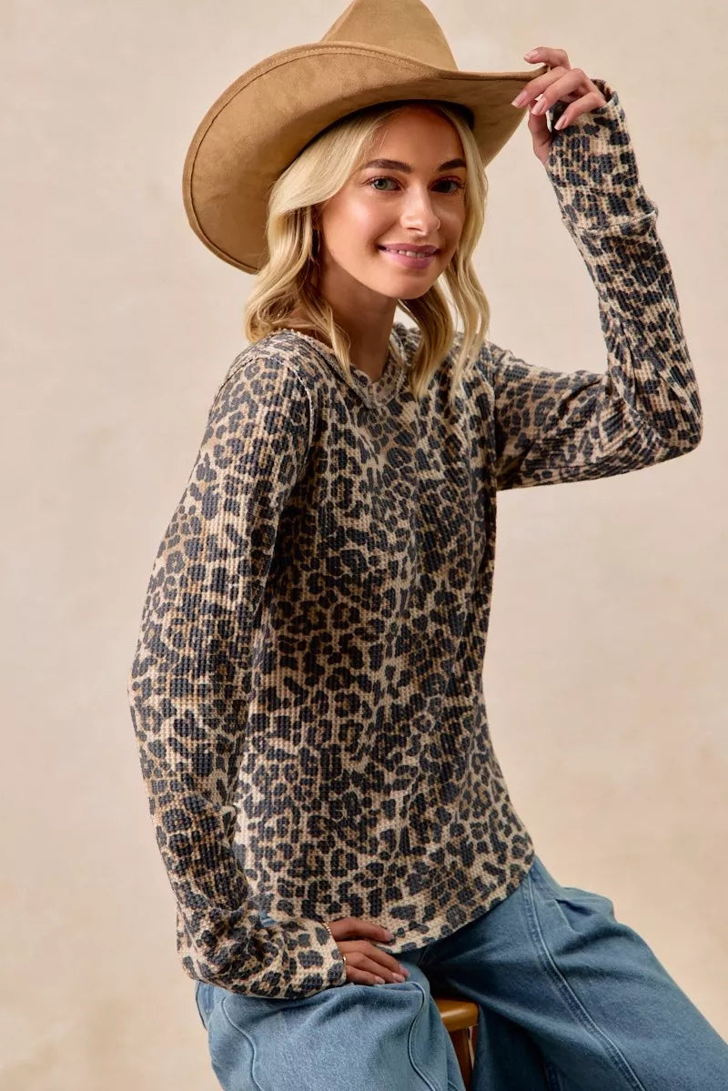 BiBi Leopard Print Washed Waffle Thermal Top with Thumb | Knit Tops Daverri Fashions