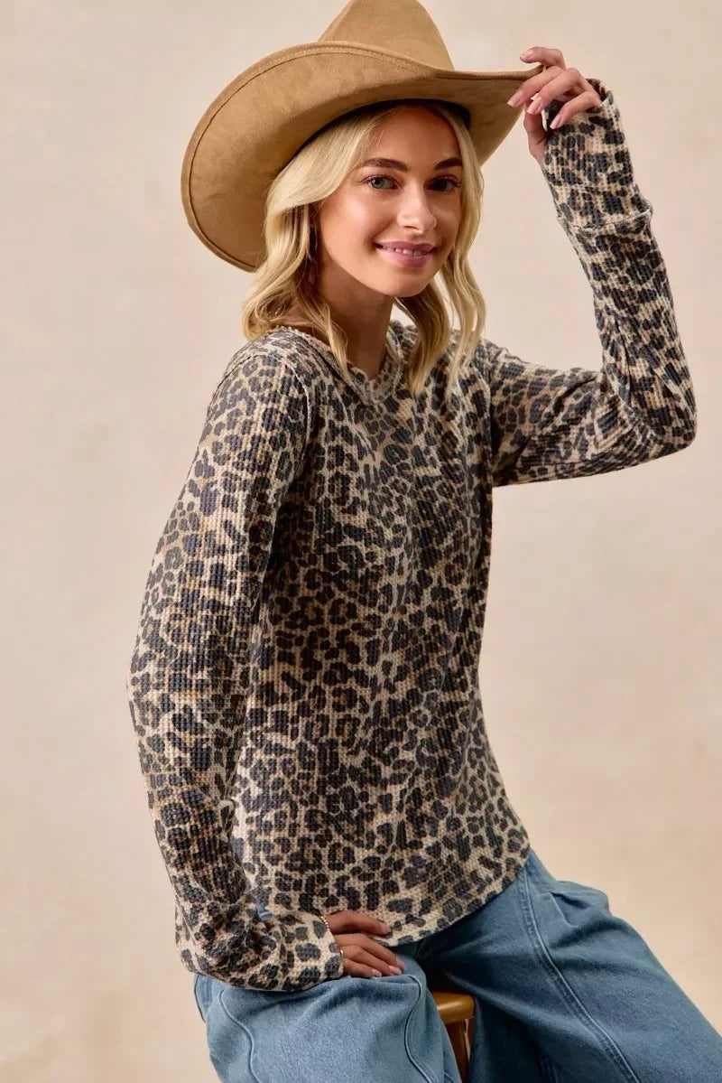 BiBi Leopard Print Washed Waffle Thermal Top with Thumb - DAVERRI FASHIONS