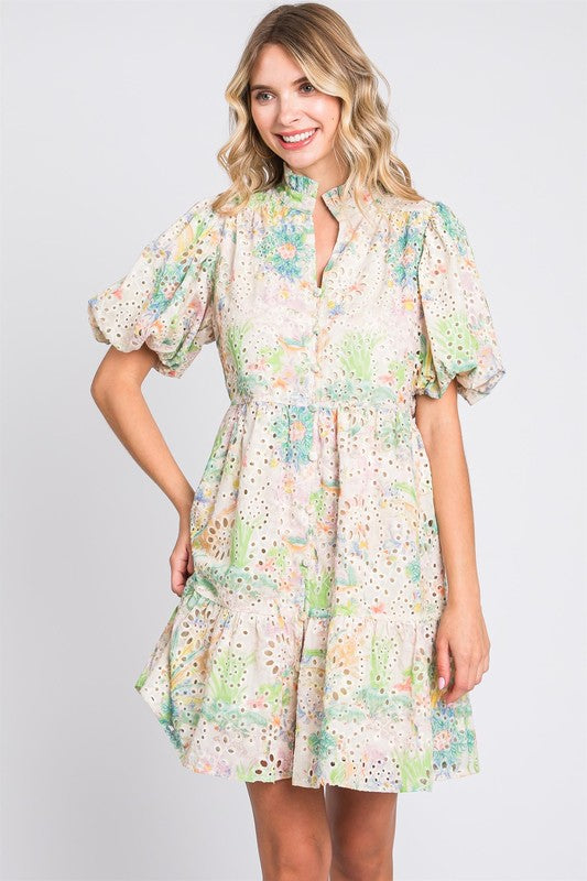 GeeGee Floral Eyelet Lace Puff Sleeve Mini Dress Mini Dresses