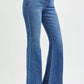 RISEN mid-rise flare jeans in blue denim with frayed hem and five-pocket design