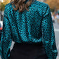 Teal and black leopard-print satin long sleeve button-up blouse
