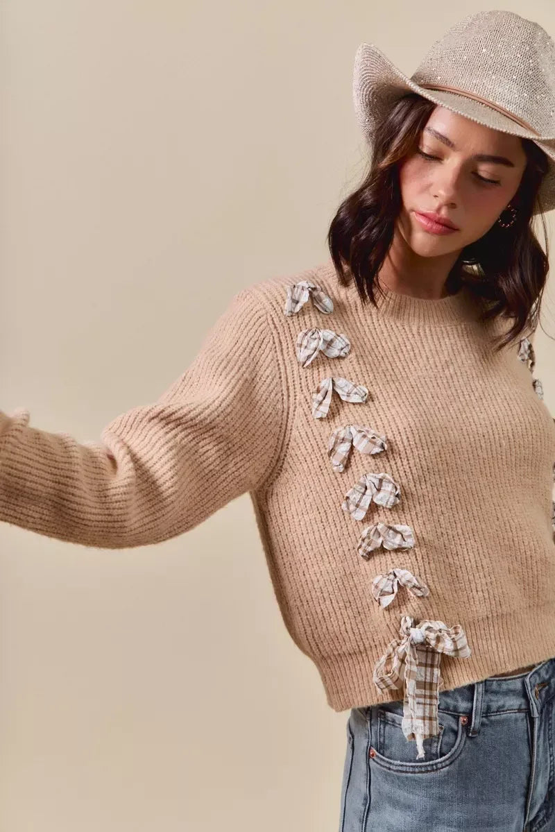 SO ME Checkered Plaid Tape Lace Up Ribbed Sweater Taupe - DAVERRI FASHIONS