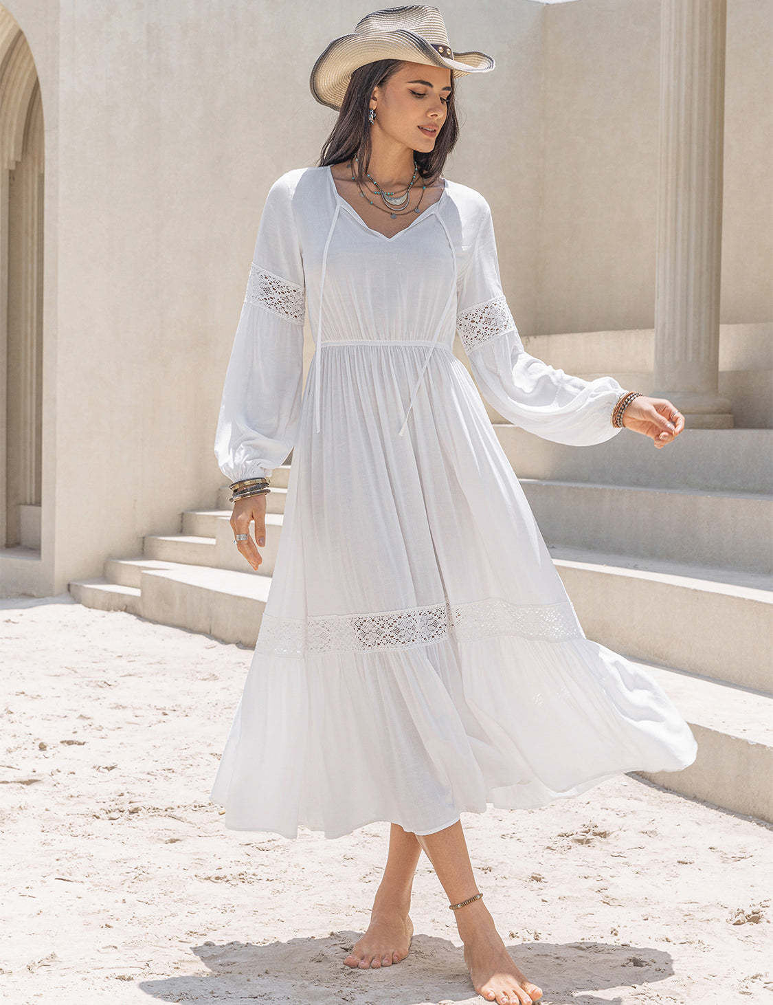 Tie Neck Balloon Sleeve Midi Dress | Midi Dresses Daverri Fashions