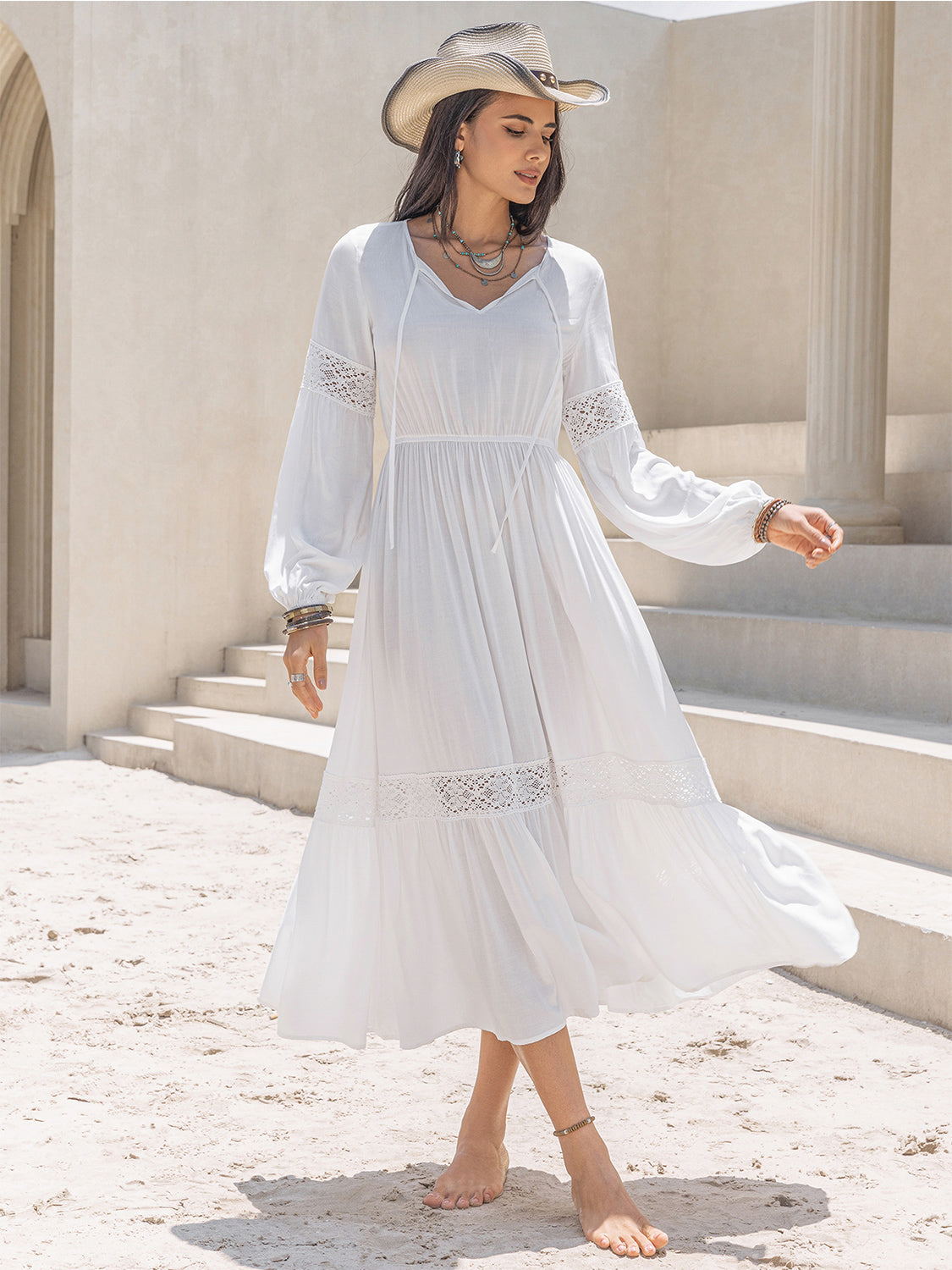 Tie Neck Balloon Sleeve Midi Dress | Midi Dresses Daverri Fashions