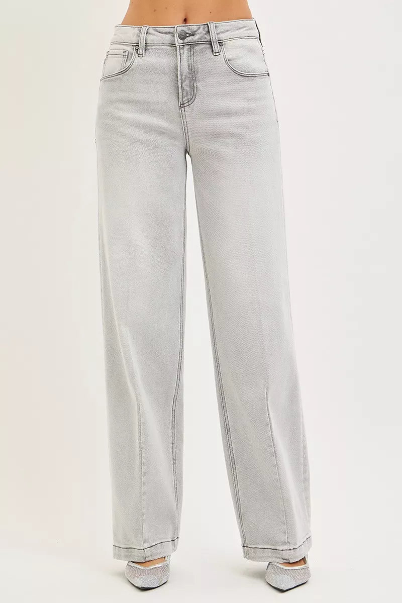 RISEN Slouchy Baggy Jeans in light-wash high-rise wide-leg denim with rolled cuffs