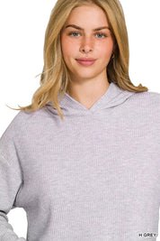 Drop Shoulder Ribbed Crop Hoodie Heather Grey | Hoodies Daverri Fashions