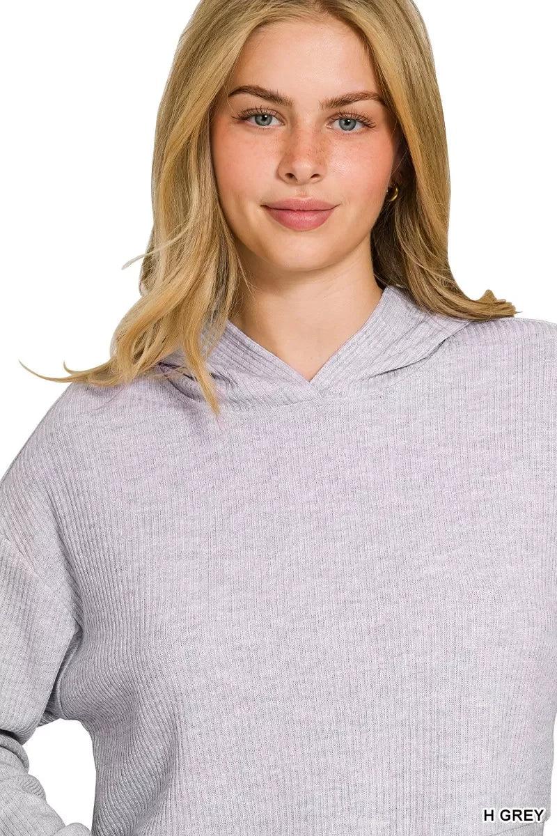 Drop Shoulder Ribbed Crop Hoodie Heather Grey - DAVERRI FASHIONS