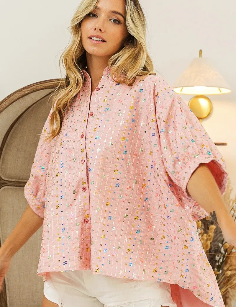 BiBi Sequin Striped Short Dolman Sleeve Blouse | Daverri Fashions