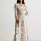 Floral print long sleeve maxi dress with smocked waist and pastel embroidery