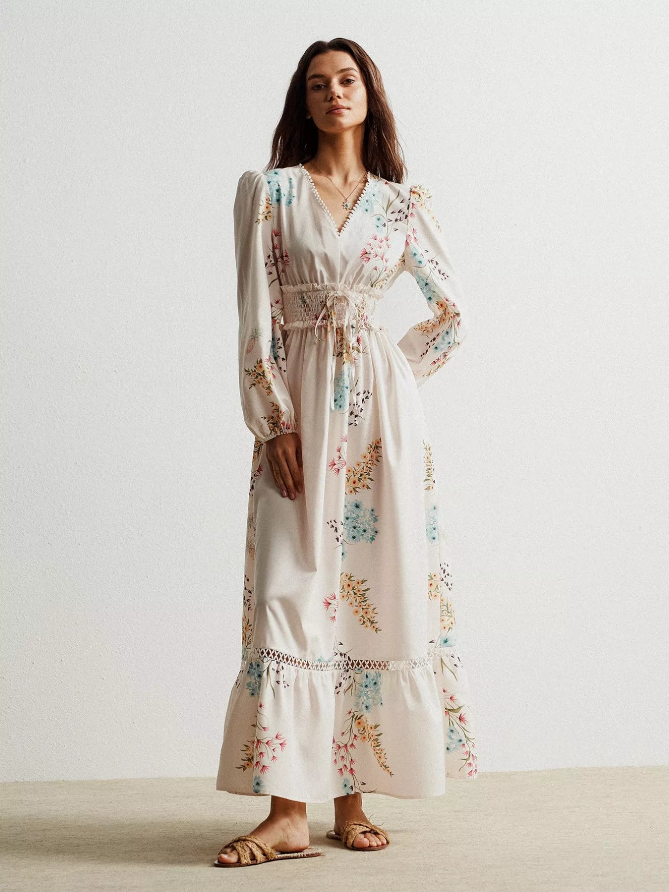 Floral print long sleeve maxi dress with smocked waist and pastel embroidery
