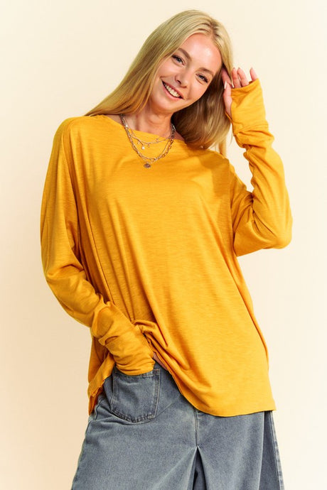 Davi & Dani Solid Color Boat Neck Long Sleeve T-Shirt Tops