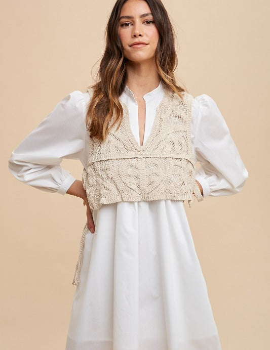 Annie Wear Crochet Vest Notched Long Sleeve Shirt Dress White Tops