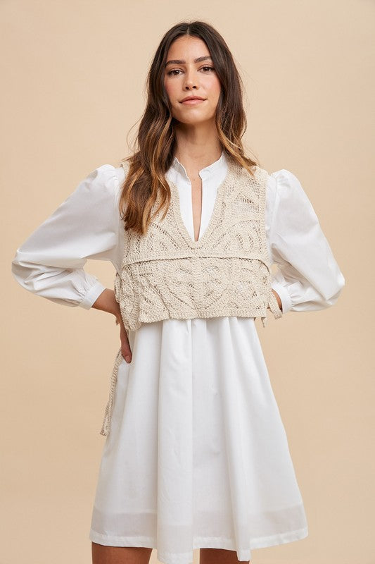 Annie Wear Crochet Vest Notched Long Sleeve Shirt Dress White Tops