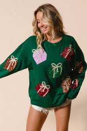 BiBi Sequin Christmas Gift Box Embroidered Green Sweater with White Shorts