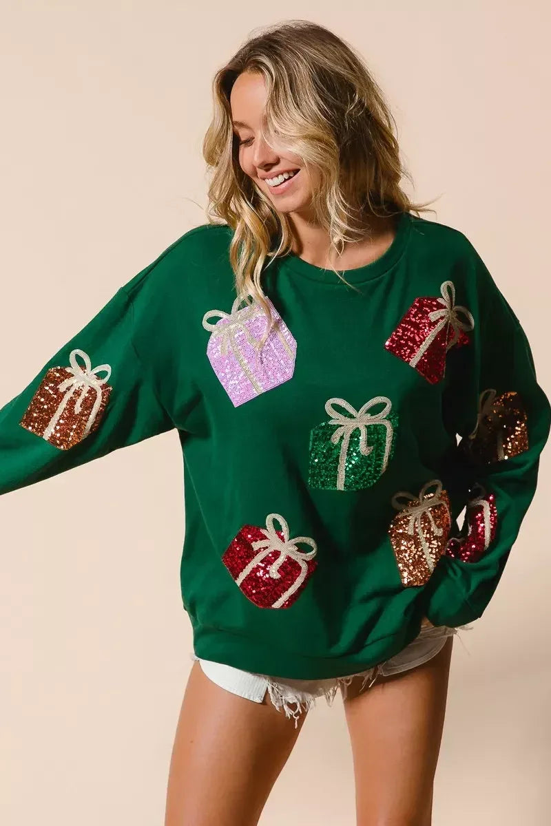 BiBi Sequin Christmas Gift Box Embroideries Pullover - DAVERRI FASHIONS