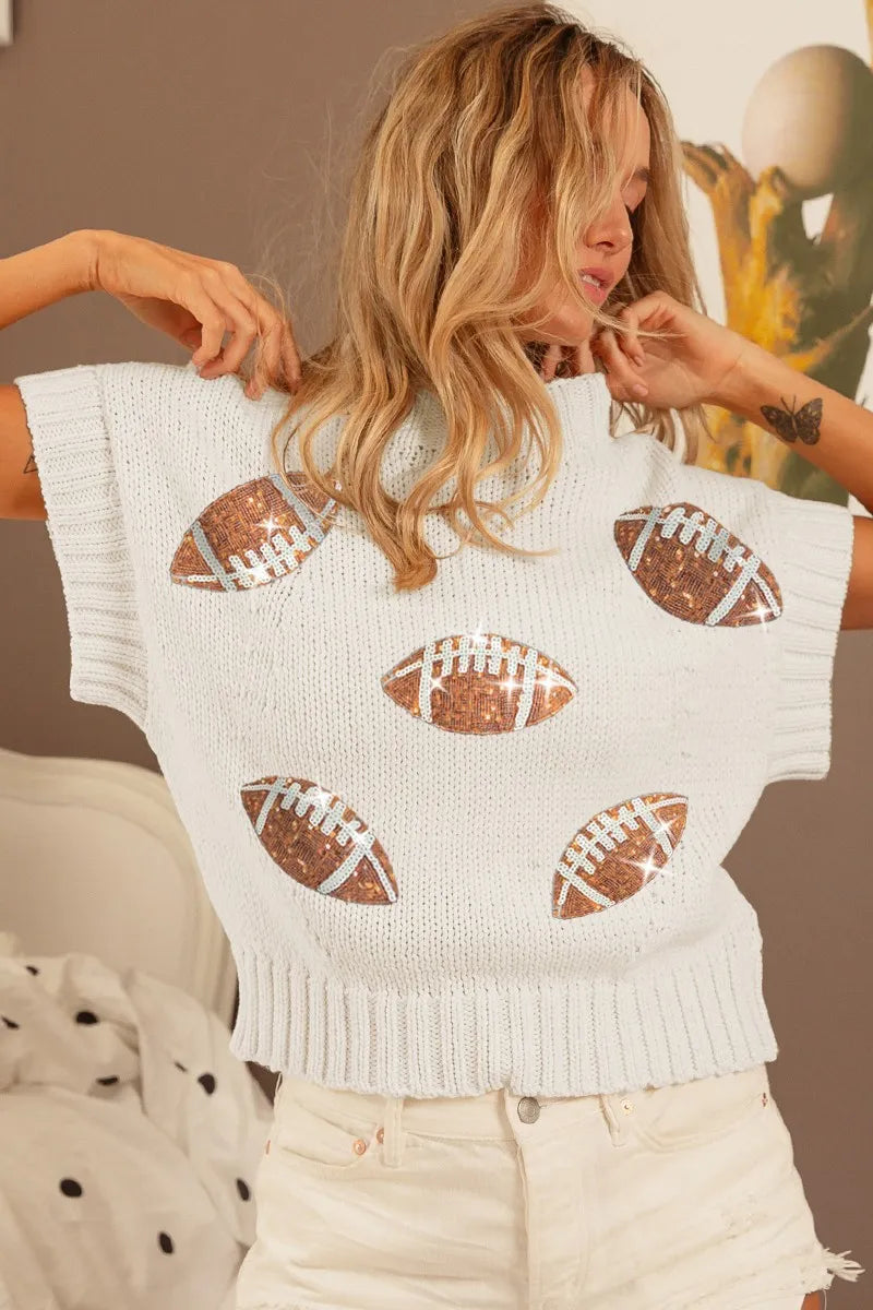BiBi Gameday Sequin Football Patches Rib Banded Sweater | Sweaters Daverri Fashions