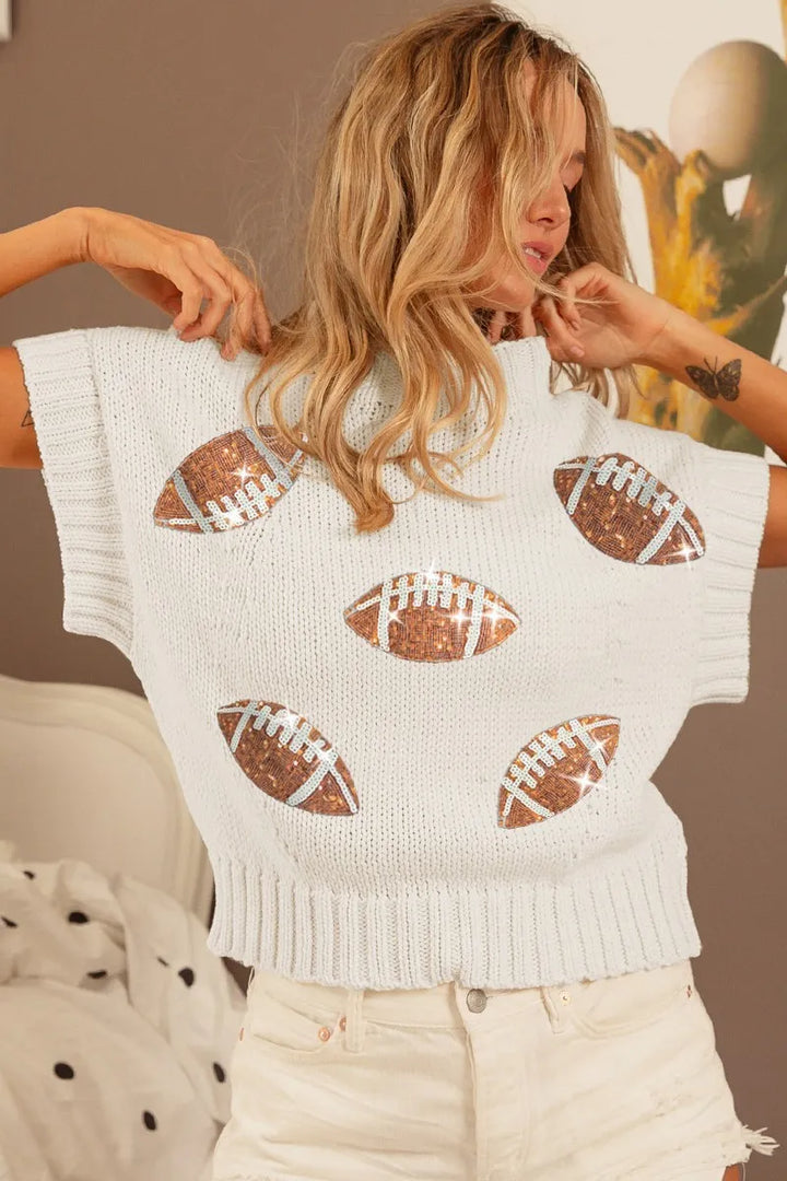 BiBi Gameday Sequin Football Patches Rib Banded Sweater Sweaters