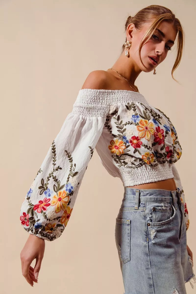 SO ME floral embroidered off-shoulder crop top with smocked details