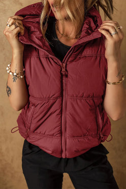 Maroon quilted drawstring zip-up hooded puffer vest coat