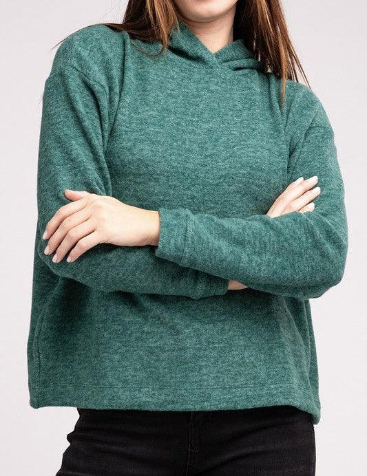 Hooded Brushed Melange Hacci Sweater DK GREEN Sweaters