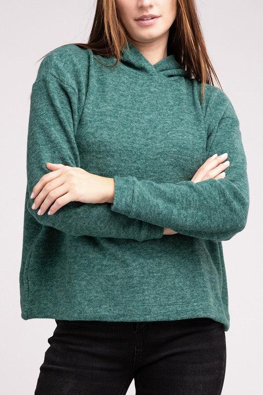 Hooded Brushed Melange Hacci Sweater DK GREEN Sweaters