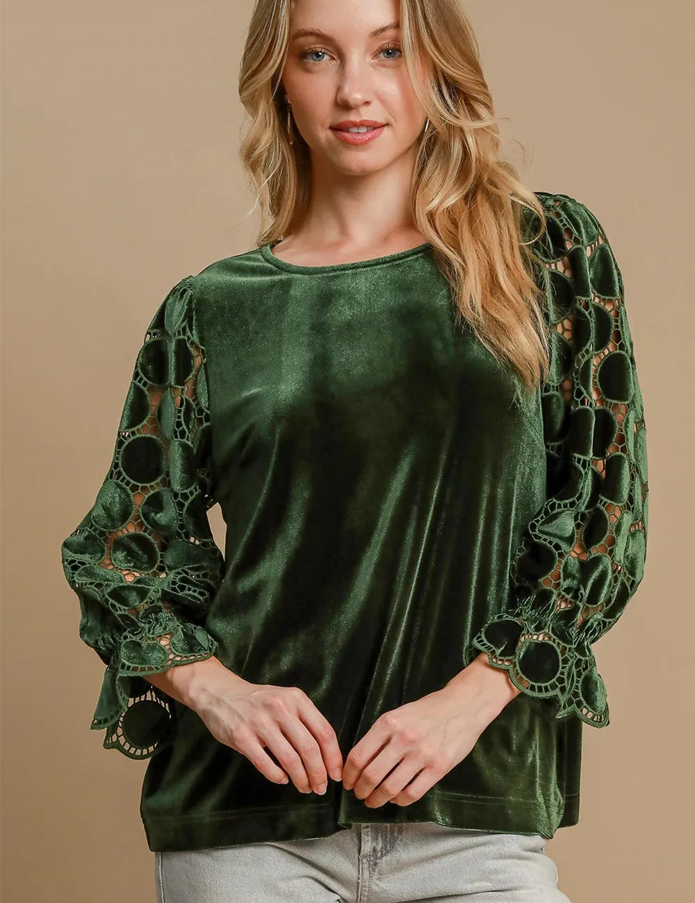Olive S Umgee Polka Dot Lace Long Sleeve Round Neck Blouse | Blouses Daverri Fashions