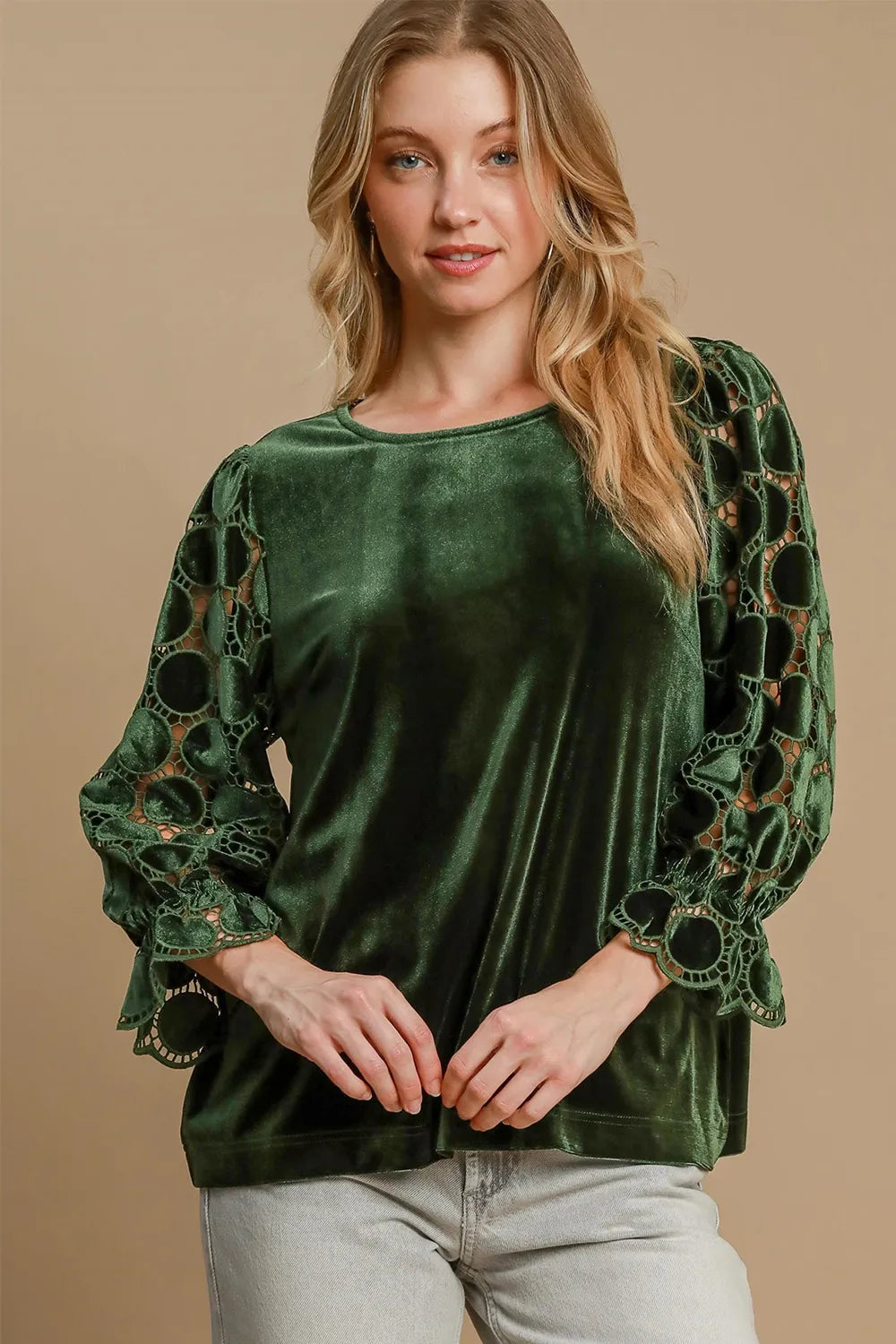 Olive Umgee Polka Dot Lace Long Sleeve Round Neck Blouse | Blouses Daverri Fashions