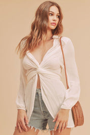 White L Aemi + Co Tied Collared Neck Long Sleeve Top | Tops Daverri Fashions