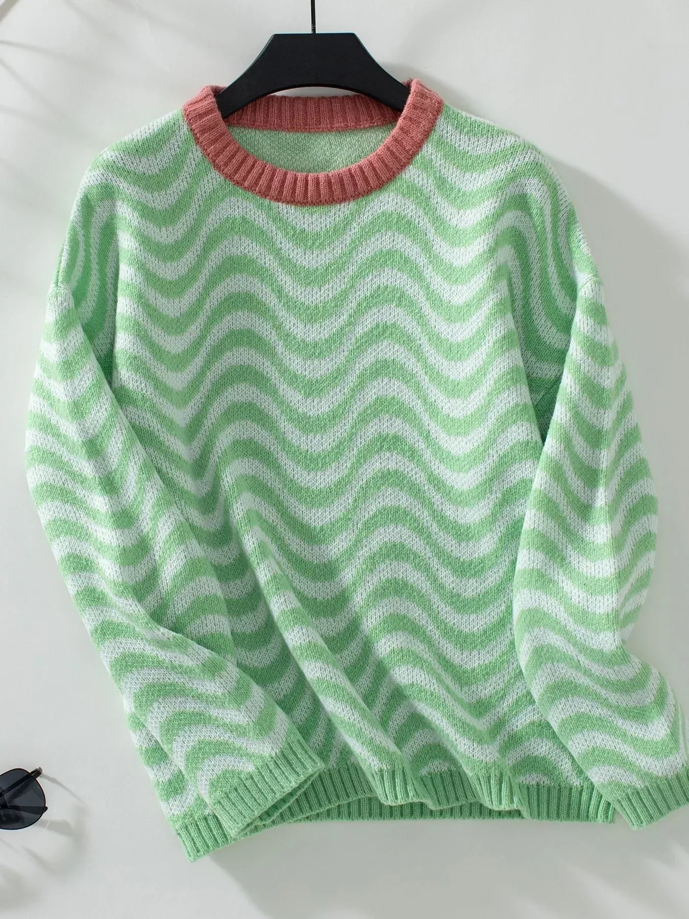 Wavy Striped Round Neck Sweater - DAVERRI FASHIONS