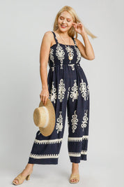 Umgee Smocked Printed Wide Leg Jumpsuit Plus Size | Jumpsuits Daverri Fashions