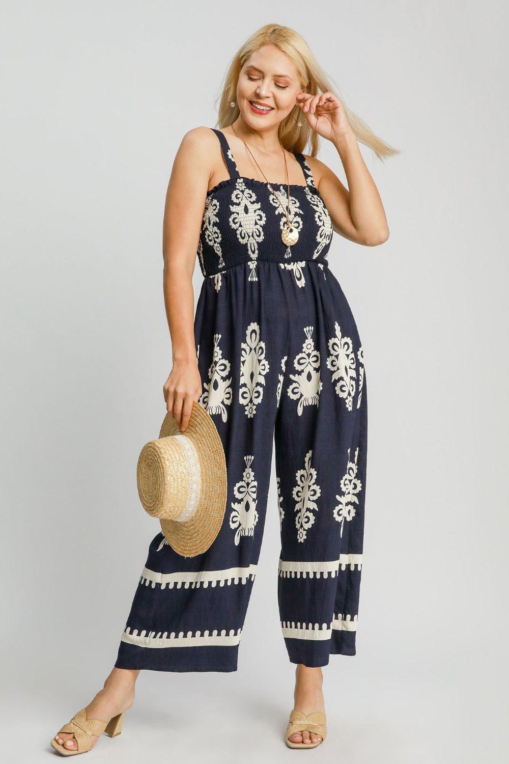 Umgee Smocked Printed Wide Leg Jumpsuit Plus Size Jumpsuits