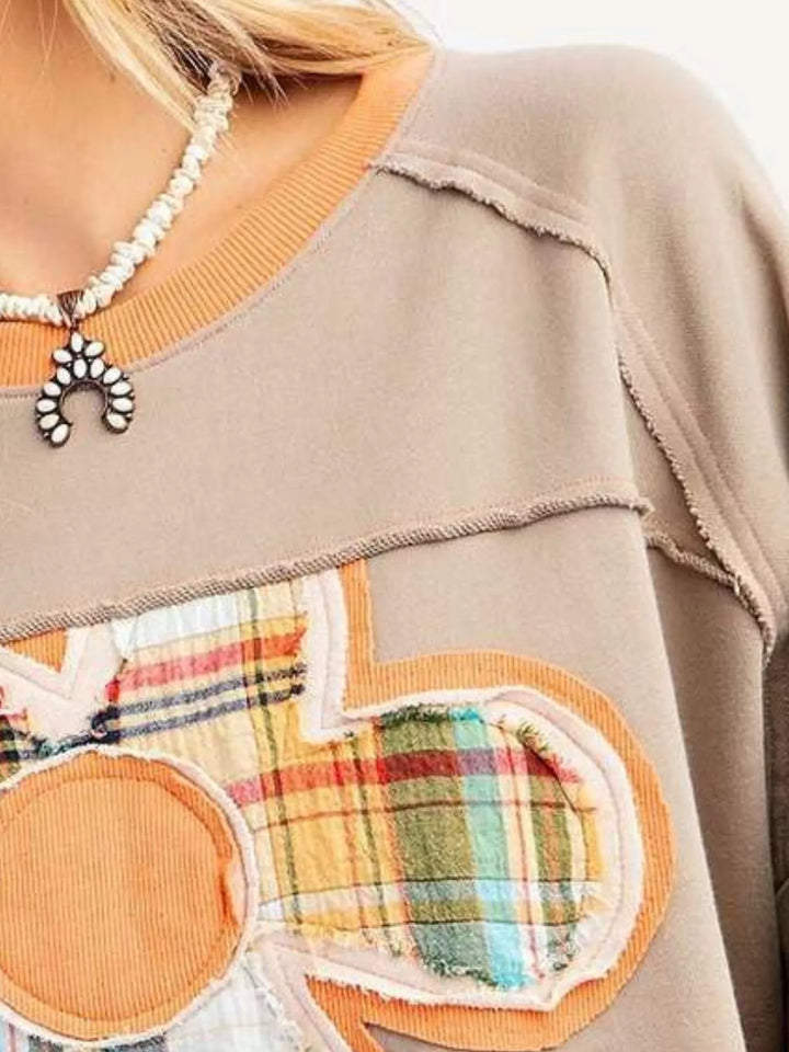 Plaid Flower Patched Round Neck T-Shirt | T-Shirts Daverri Fashions