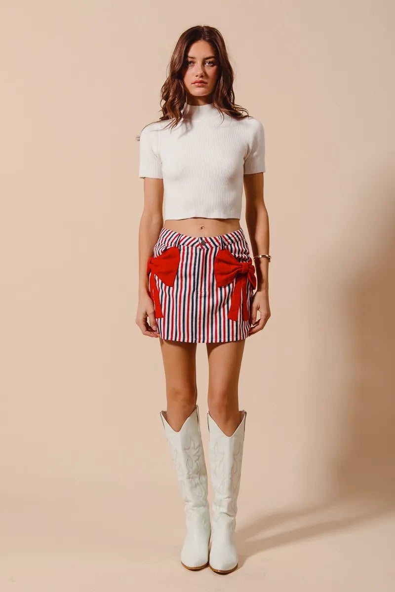 SO ME Contrast Bow Knot Pocket Fourth Of July Denim Skirt | Denim Skirts Daverri Fashions