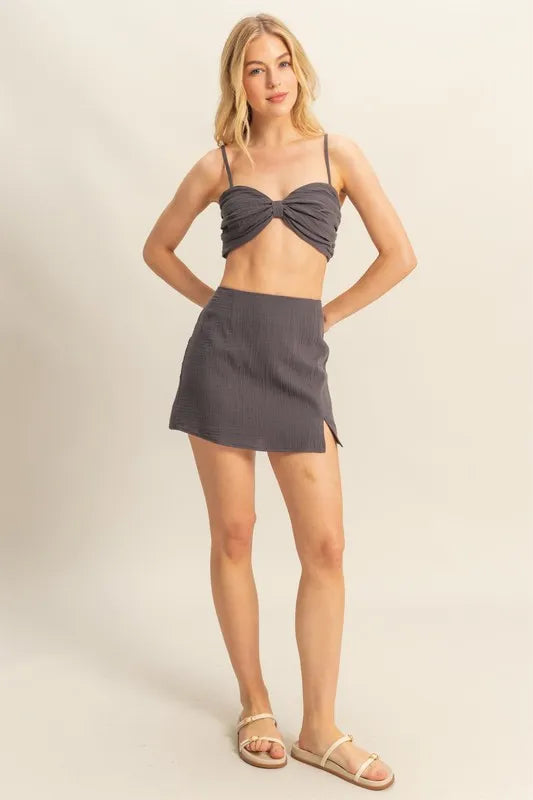 HYFVE Charcoal Ruched Bra Top and Mini Skirt Set CHARCOAL Skirt Sets