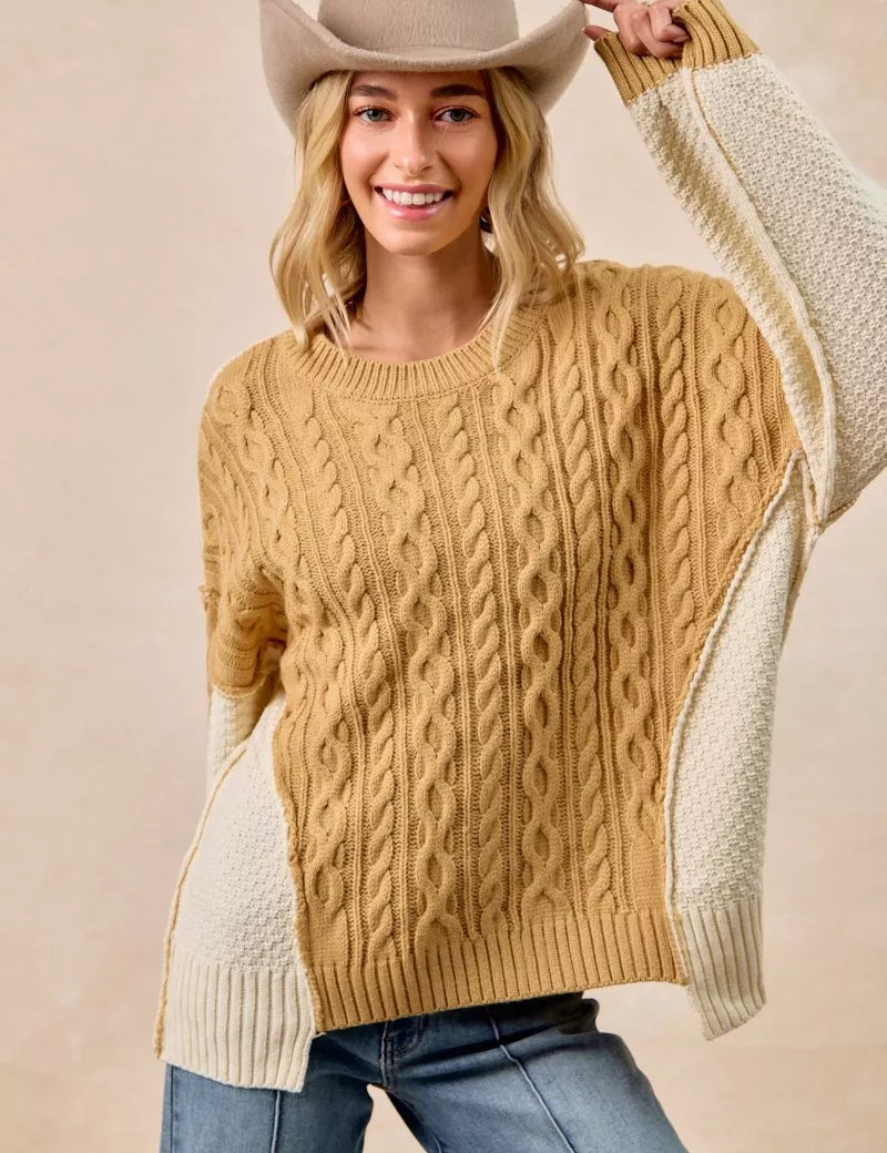 BiBi Cable Knit With Hacci Combo Sweater With Uneven Hem Detail | Sweaters Daverri Fashions