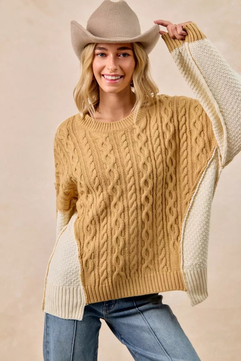 BiBi Cable Knit With Hacci Combo Sweater With Uneven Hem Detail | Sweaters Daverri Fashions