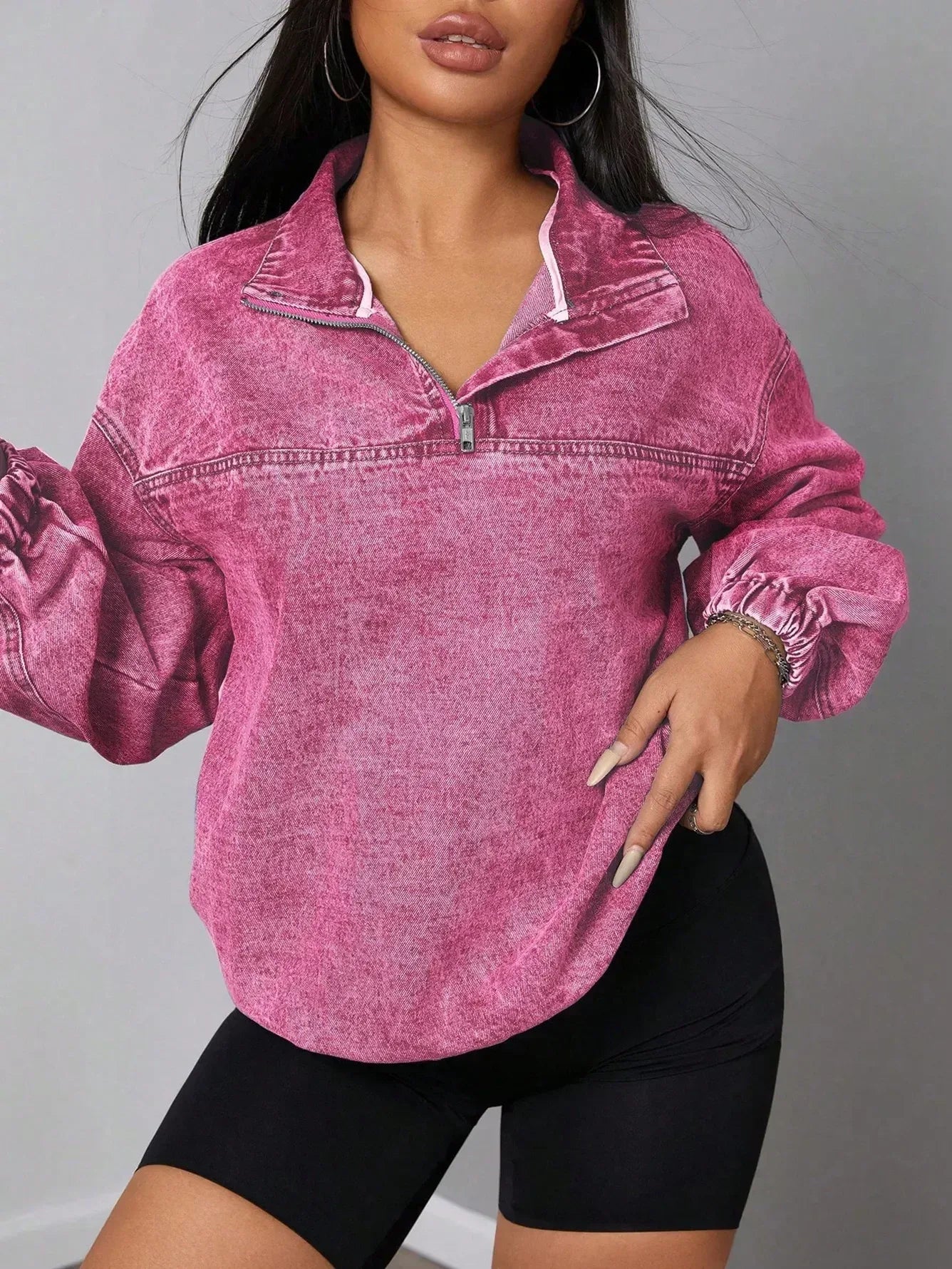 Zip Collar Long Sleeve Denim Top - DAVERRI FASHIONS