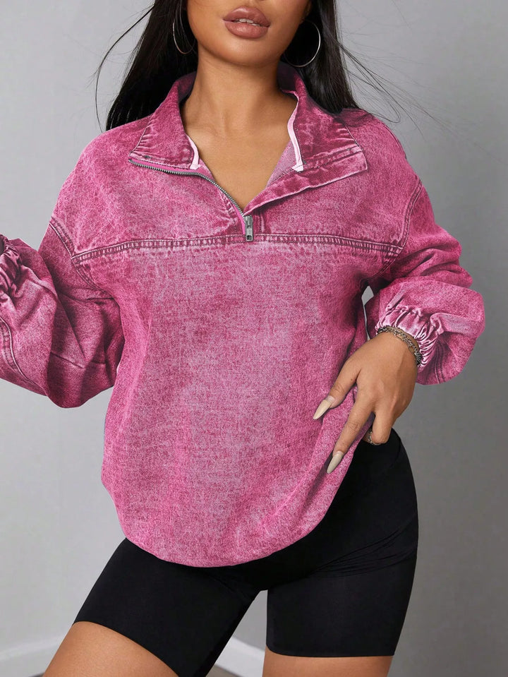 Hot Pink Zip Collar Long Sleeve Denim Top | Tops Daverri Fashions