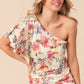 BiBi floral printed jersey knit ruffle sleeve top in cream with pink, red, purple flowers