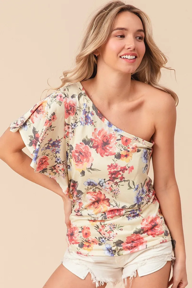 BiBi floral printed jersey knit ruffle sleeve top in cream with pink, red, purple flowers