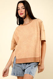 VERY J Round Neck Exposed Seam Slit T-Shirt Mocha