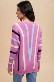 Annie Wear Chevron Stripe Round Neck Ribbed Sweater Sweaters