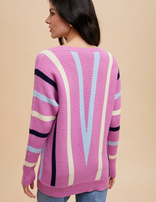 Annie Wear Chevron Stripe Round Neck Ribbed Sweater Sweaters