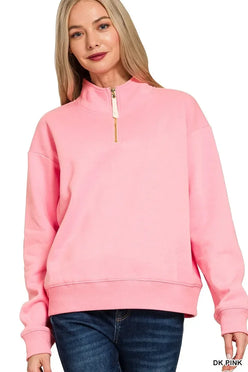 Zenana Fleece Half Zip Sweatshirt Dark Pink - DAVERRI FASHIONS
