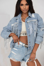 Sequin Fringe Trim Distressed Button Up Denim Jacket | Denim Jackets Daverri Fashions