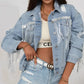 Sequin Fringe Trim Distressed Button Up Denim Jacket - DAVERRI FASHIONS