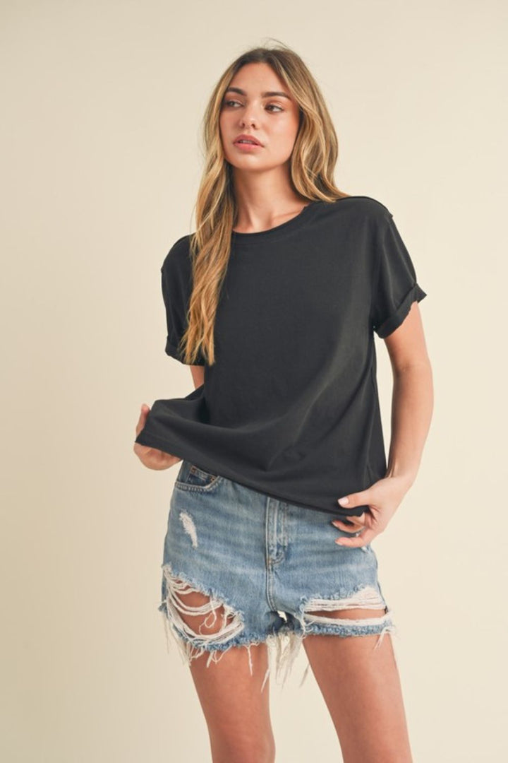 Aemi + Co Exposed Seam Round Neck Short Sleeve T-Shirt Black T-Shirts