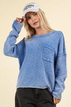 VERY J Mineral Washed Exposed Seam Sweater Blue - DAVERRI FASHIONS